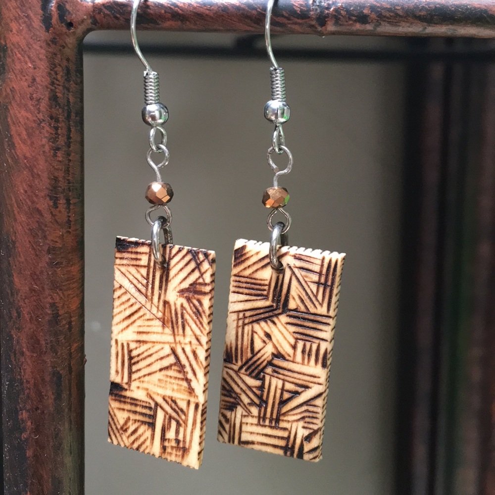 Earrings. Handmade wood burned rectangle earrings
